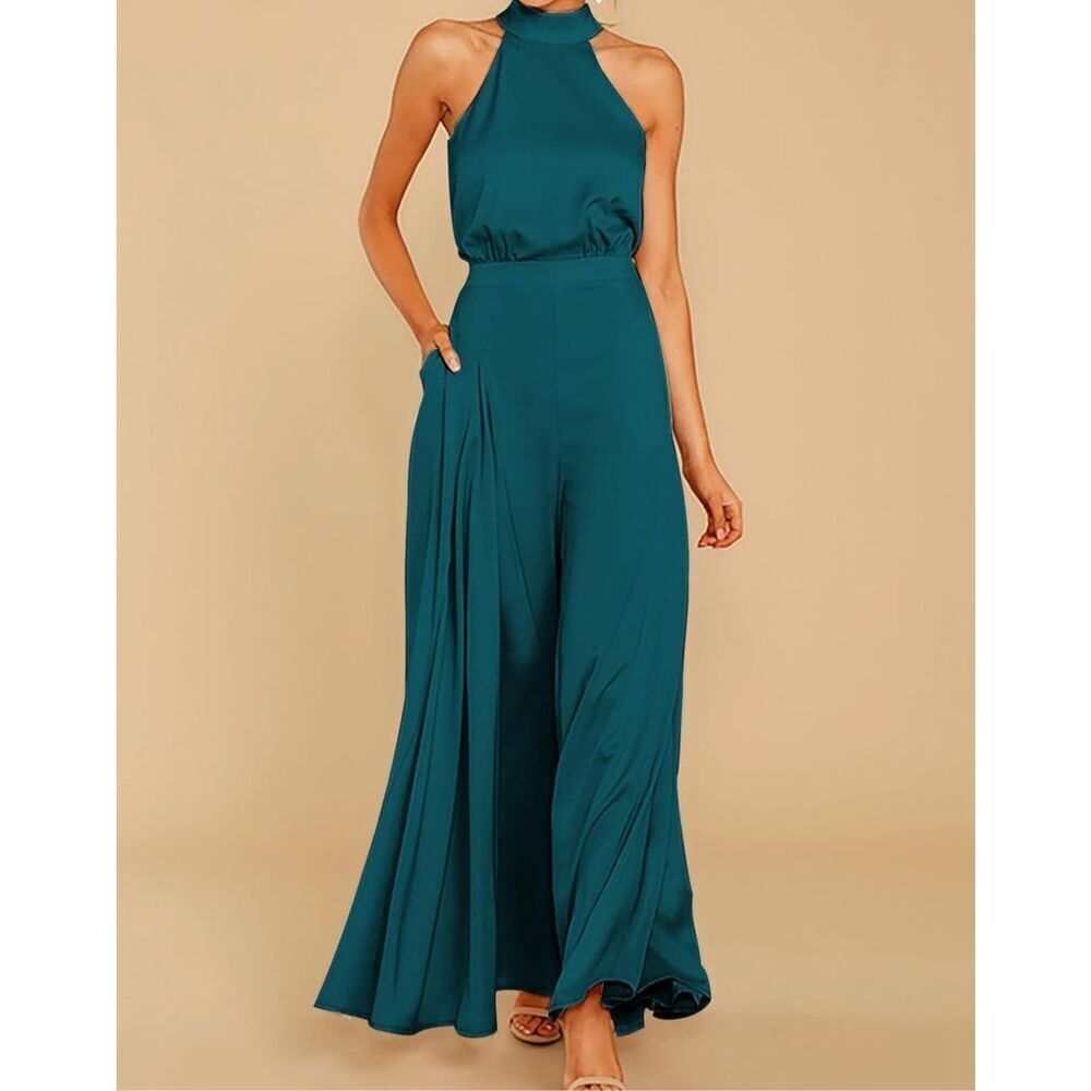NEW Sleeveless Halter Tied Jumpsuit Pockets High Waist Wide Leg 2X - Picture 6 of 6